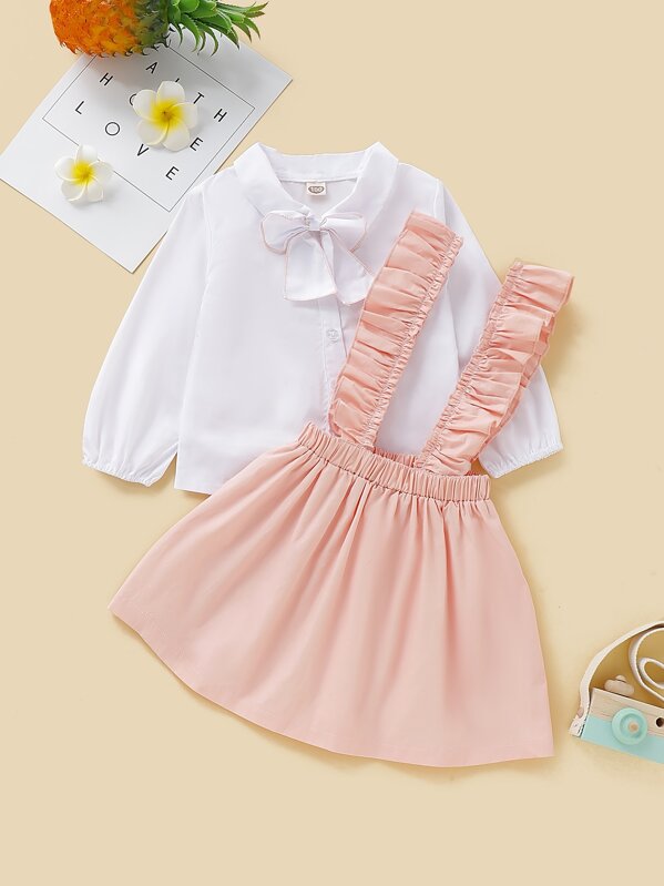

Toddler Girls Bow Tie Blouse With Ruffle Pinafore Skirt, Multicolor
