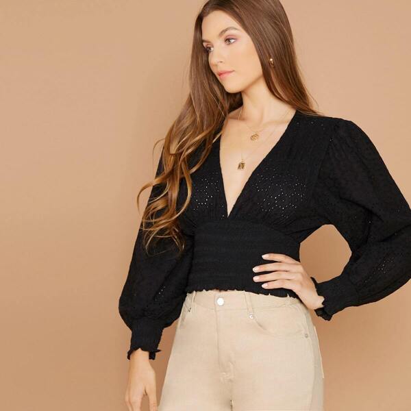 

Smocked Waist Embroidered Eyelet Blouse, Black