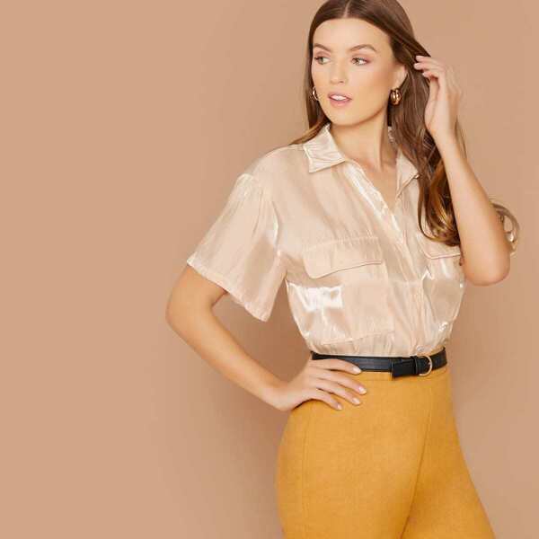 

Metallic Sheen Button Front Short Sleeve Shirt, Gold