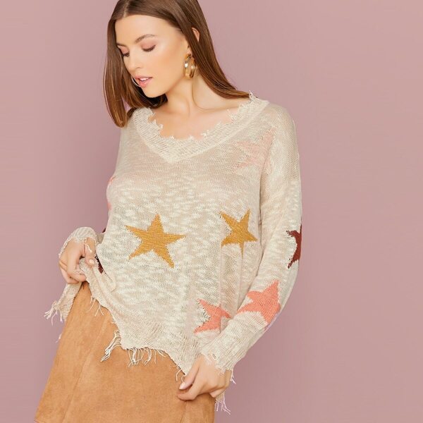 

Distressed Raw Hem Star Print Pullover Sweater, Multicolor