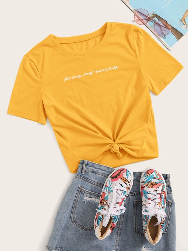

Slogan Embroidery Short Sleeve Top, Yellow