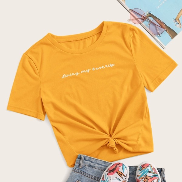 

Slogan Embroidery Short Sleeve Top