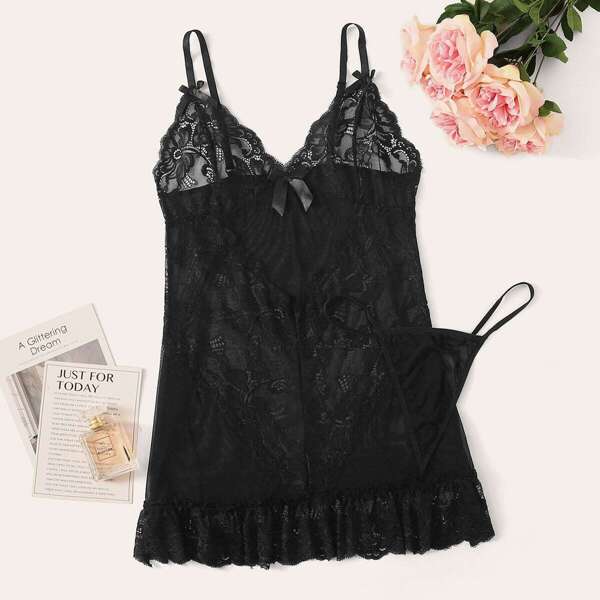 

Plus Contrast Mesh Slips With Thong, Black