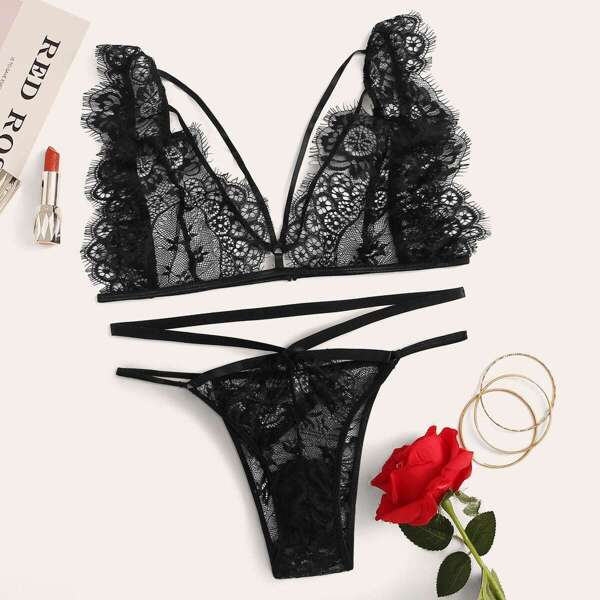 

Harness Detail Eyelash Lace Lingerie Set, Black