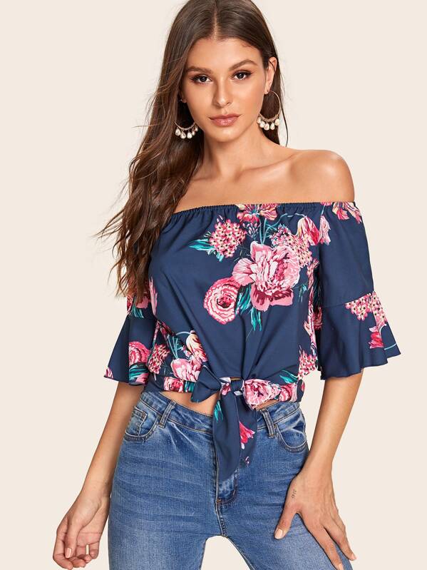 

Knot Hem Floral Print Bardot Blouse, Navy, Isa