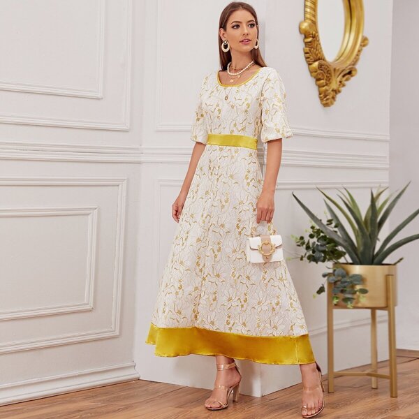 

Jacquard Puff Sleeve Maxi Dress