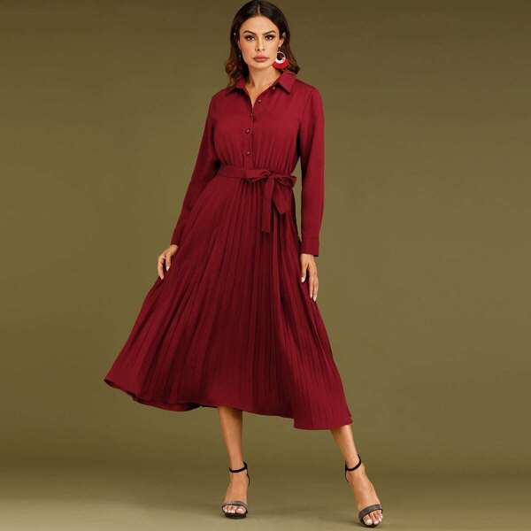

Solid Belted Pleated Hem Shirt Dress, Burgundy