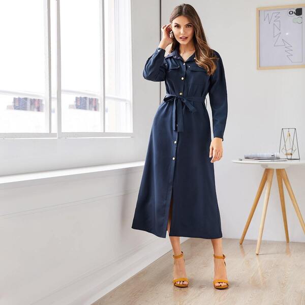 

Button Front Flap Pocket Belted Shirt Dress, Navy blue