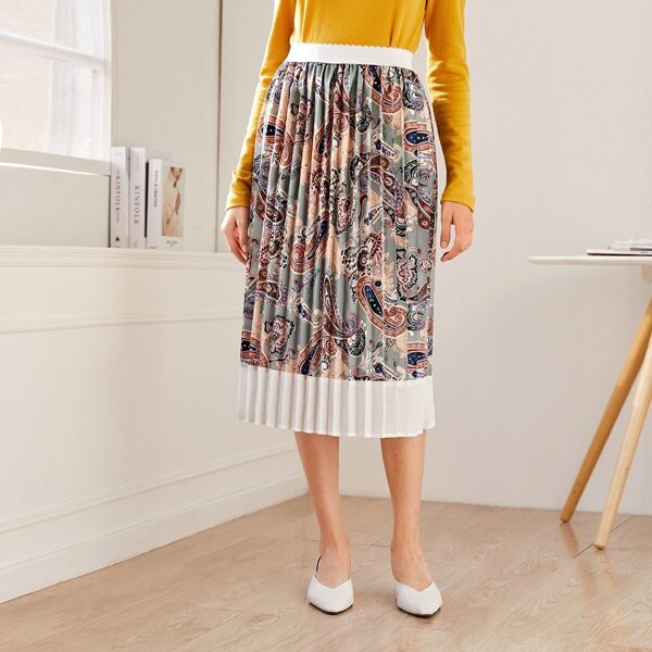 

Paisley Print Pleated Elastic Waist Skirt, Multicolor