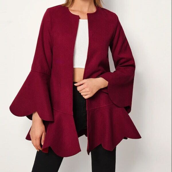 

Solid Flounce Sleeve Ruffle Hem Coat, Burgundy