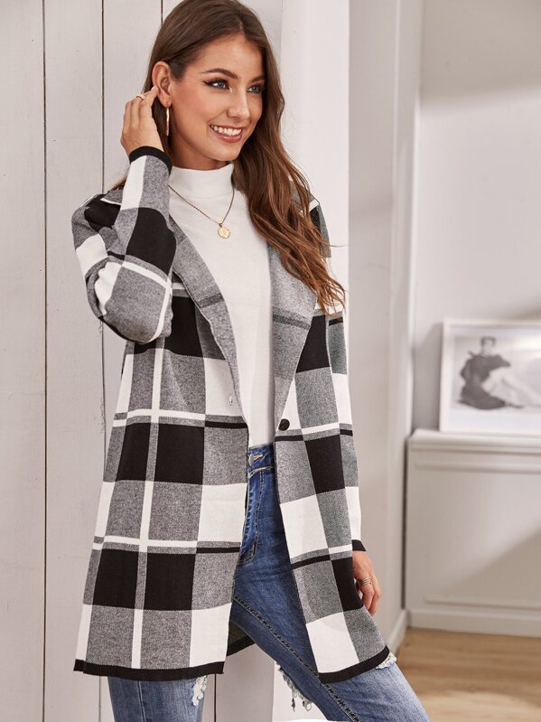 

Notch Collar Plaid Sweater Coat, Black and white, Debi Cruz