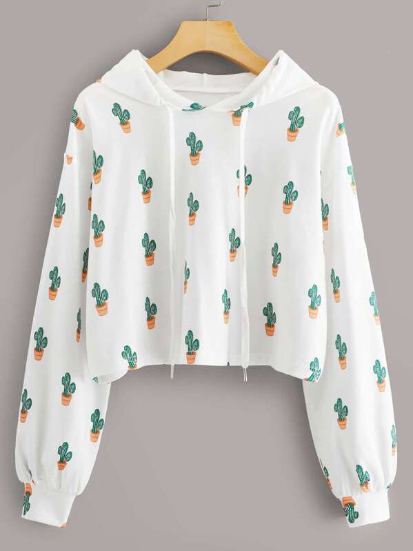 

Cactus Print Drawstring Hoodie, White