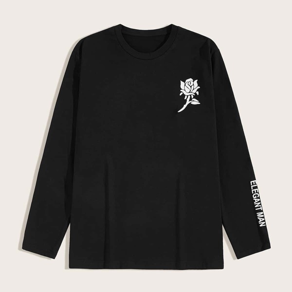 

Men Rose & Letter Print Tee, Black