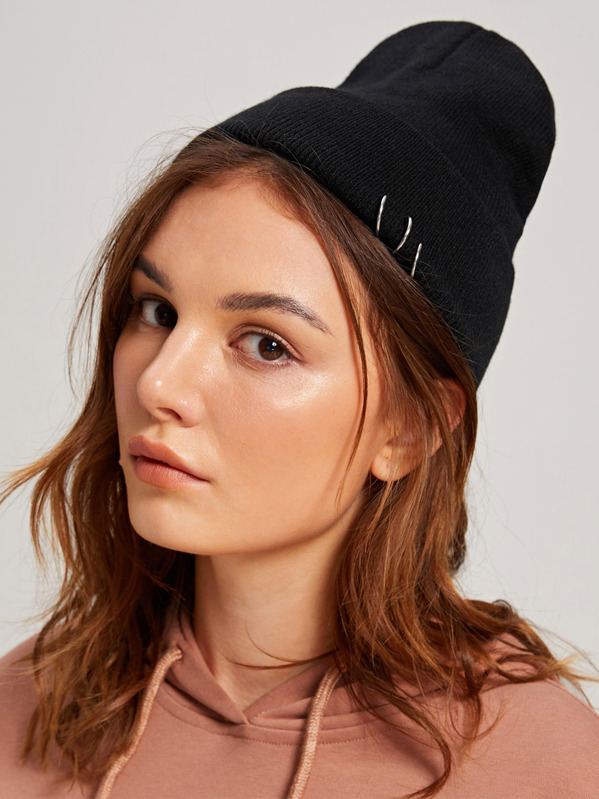 

Ring Decor Cuffed Beanie, Black