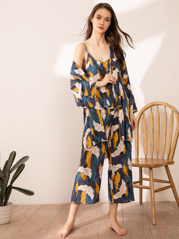 

Crane Print Cami Pajama Set With Robe, Multicolor, Lingz