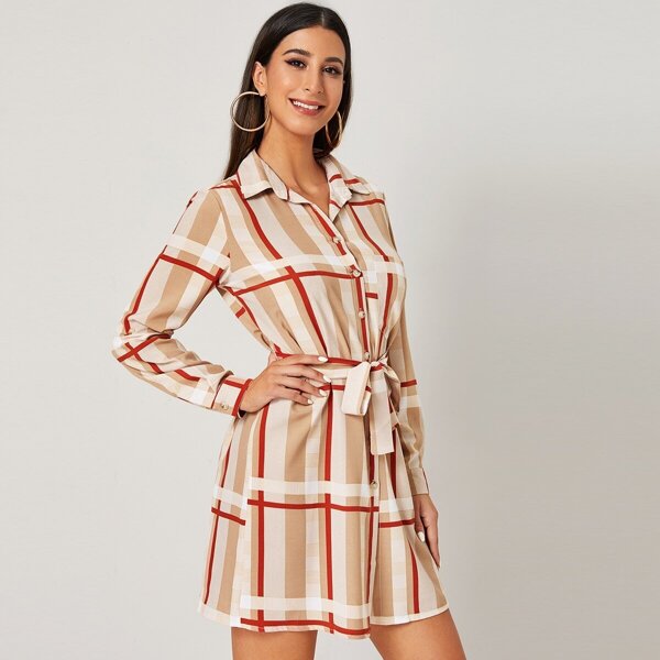 

Geometric Print Self Tie Shirt Dress, Multicolor