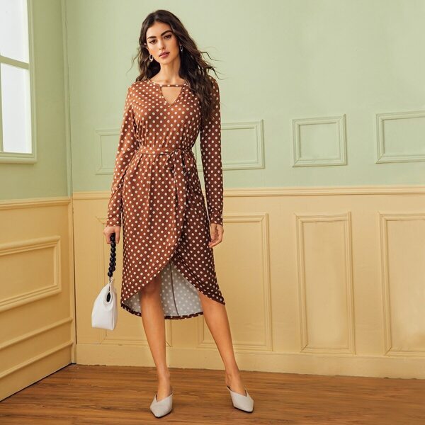 

V-cut Neck Polka Dot Tulip Hem Belted Dress, Brown