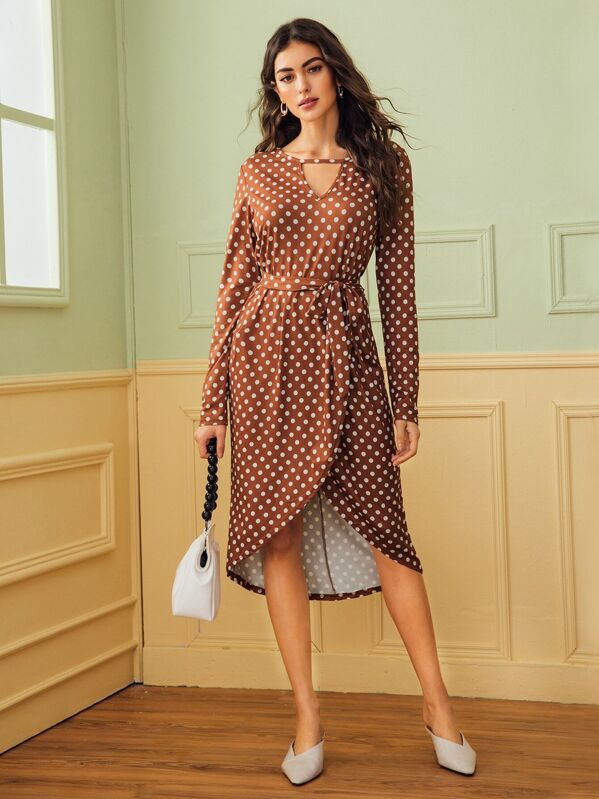 

V-cut Neck Polka Dot Tulip Hem Belted Dress, Brown, Carol A