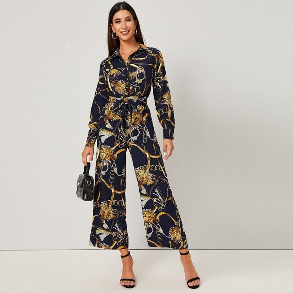 

Chain Print Self Tie Shirt Jumpsuit