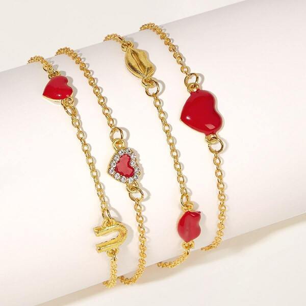 

Rhinestone Engraved Heart & Mouth Decor Chain Bracelet 4pcs, Gold