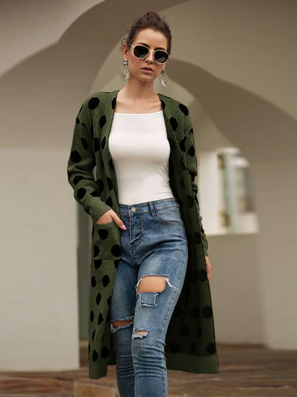 

Polka Dot Dual Pocket Open Front Cardigan, Green