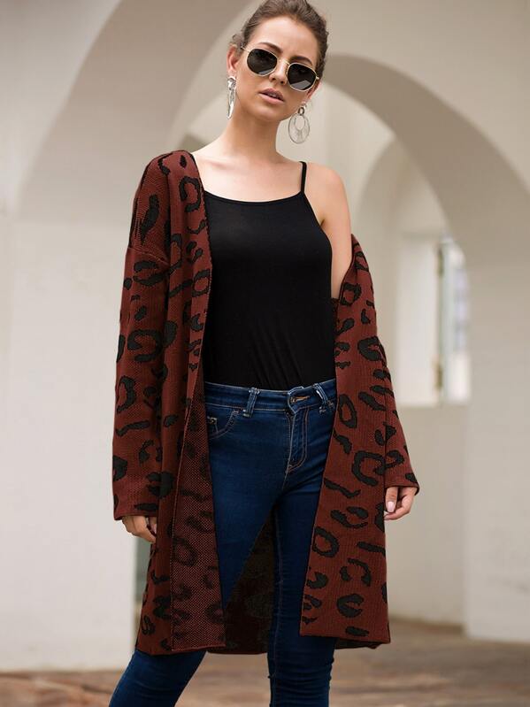 

Leopard Print Open Front Cardigan, Brown