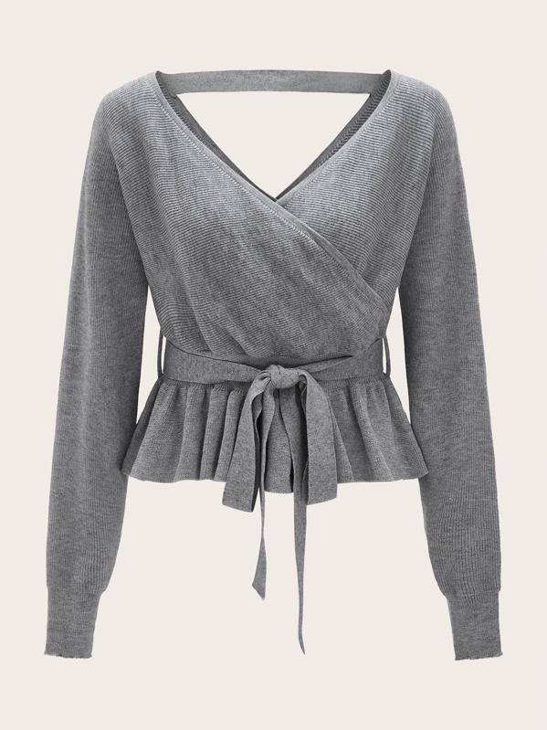 

Surplice Neck Belted Ruffle Hem Sweater, Grey