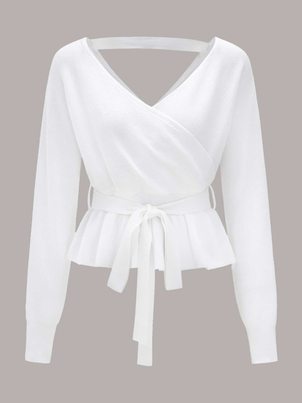 

Surplice Neck Belted Ruffle Hem Sweater, White