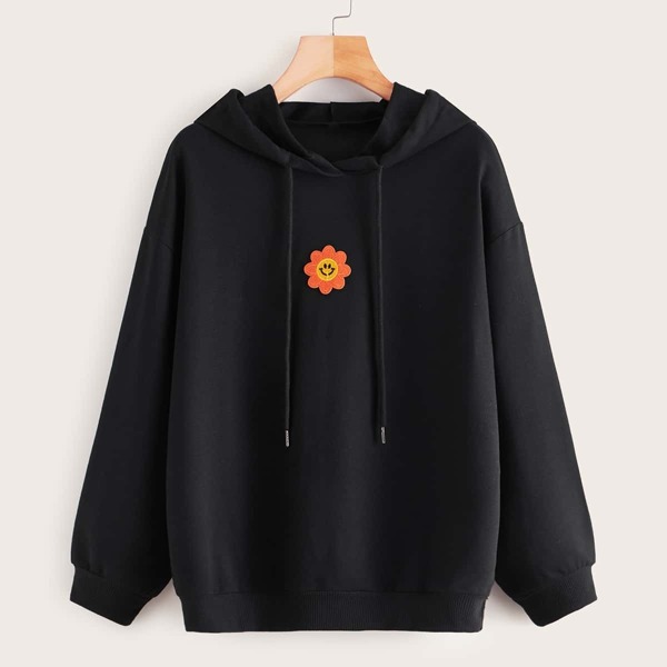 

Floral Embroidered Drawstring Hooded Sweatshirt, Black