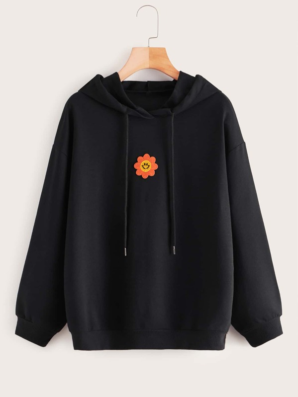 

Floral Embroidered Drawstring Hooded Sweatshirt, Black