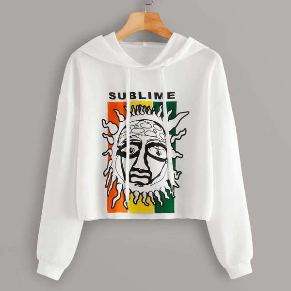 

Comic & Letter Print Drawstring Hoodie, White