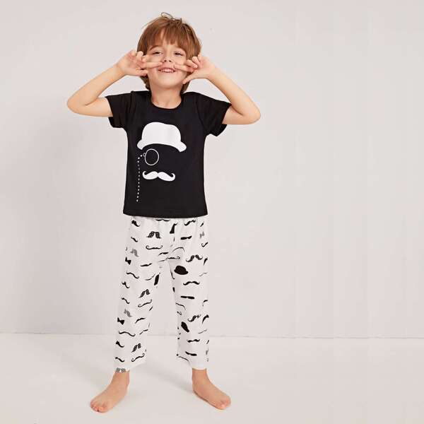 

Toddler Boys Mustache Print Pajama Set, Black and white