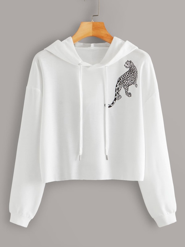 

Leopard Print Drawstring Hooded Sweatshirt, White