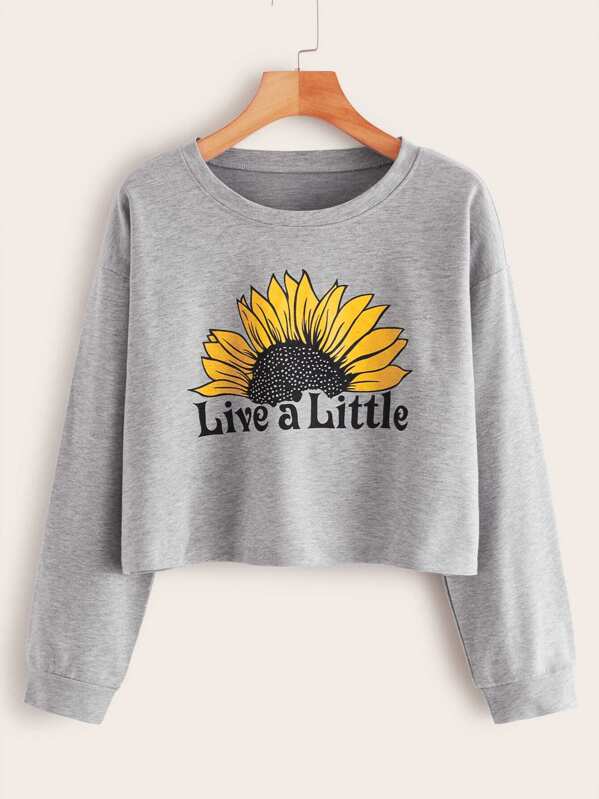 

Sunflower & Letter Print Round Neck Sweatshirt, Grey