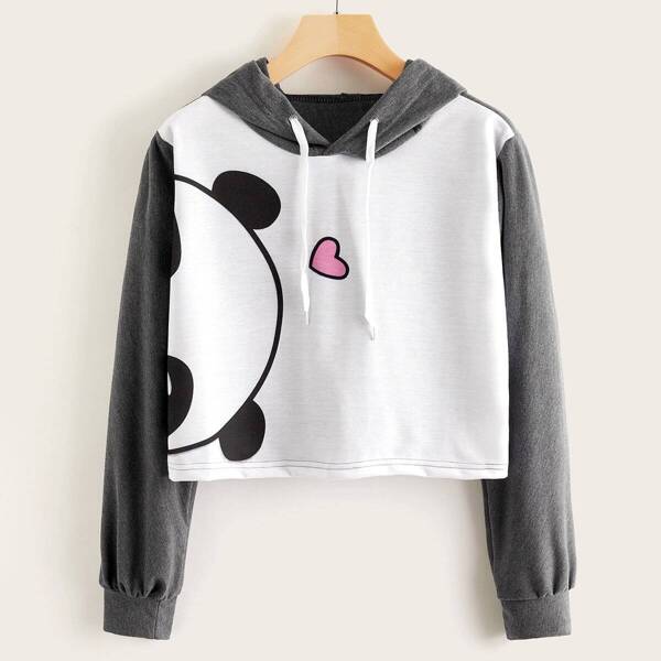 

Panda & Heart Print Contrast Sleeve Hoodie