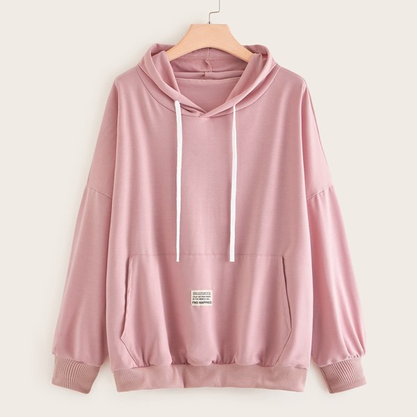 

Letter Print Kangaroo Pocket Drawstring Hoodie, Pink