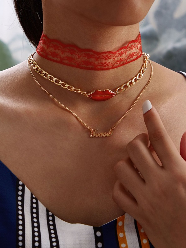 

Mouth & Letter Decor Necklace 3pcs, Gold