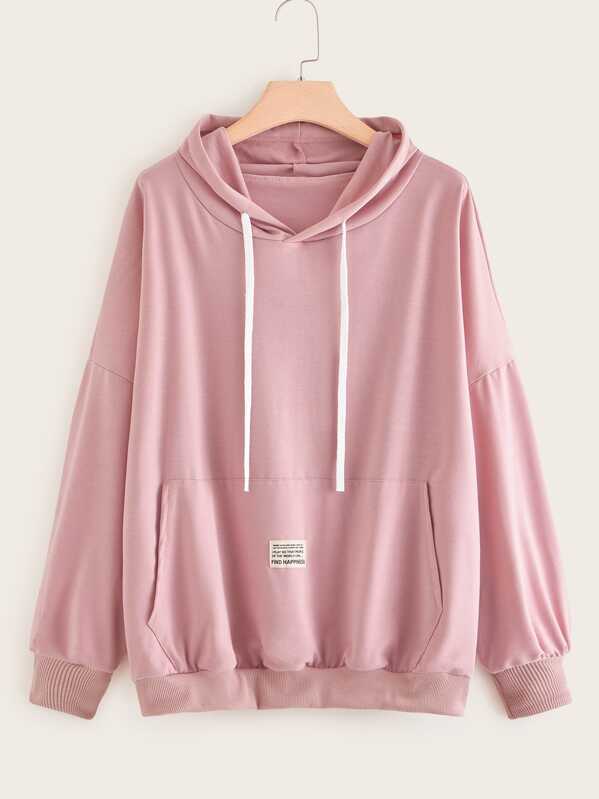 

Letter Print Kangaroo Pocket Drawstring Hoodie, Pink