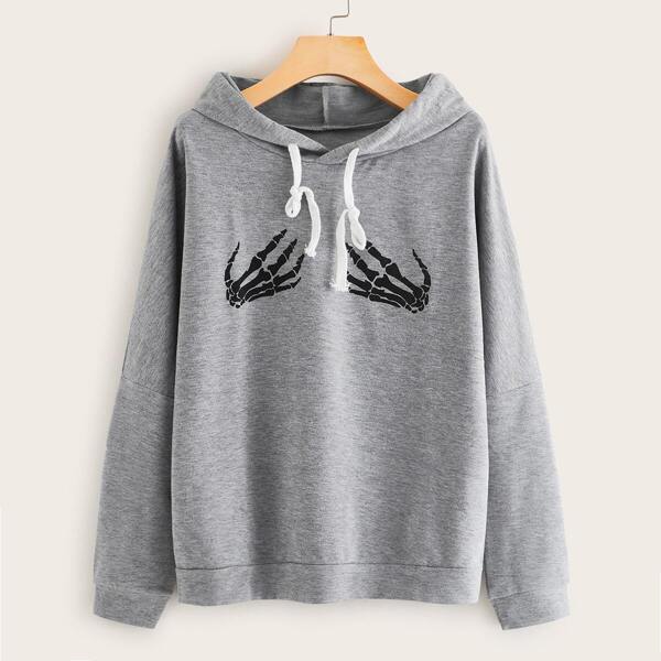 

Skeleton Hand Print Drop Shoulder Hoodie, Grey