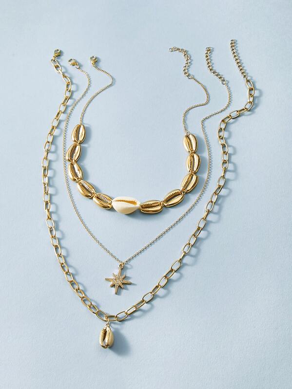 

Shell & Starfish Charm Chain Necklace 3pcs, Gold