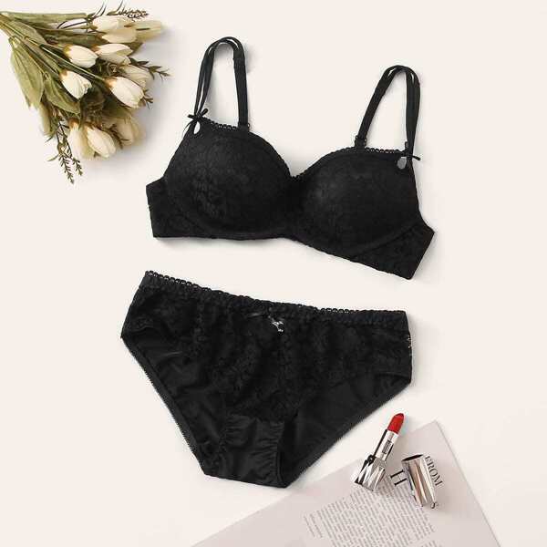 

Floral Lace Lingerie Set, Black