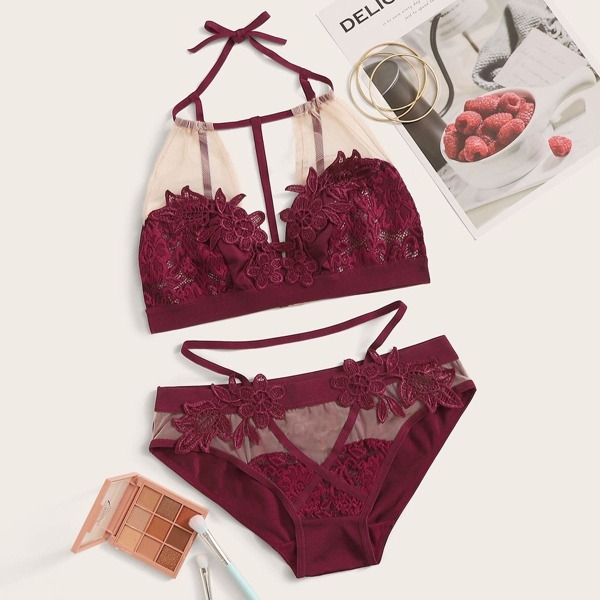 

Flower Crochet Sheer Halter Lingerie Set, Burgundy