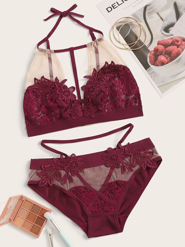

Flower Crochet Sheer Halter Lingerie Set, Burgundy