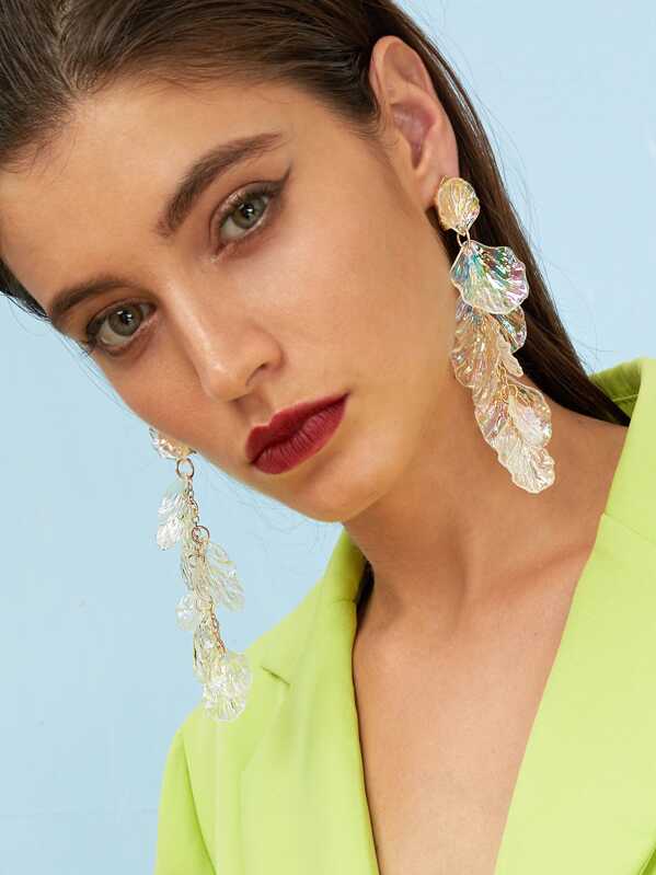 

Transparent Layered Shell Long Drop Earrings 1pair, White