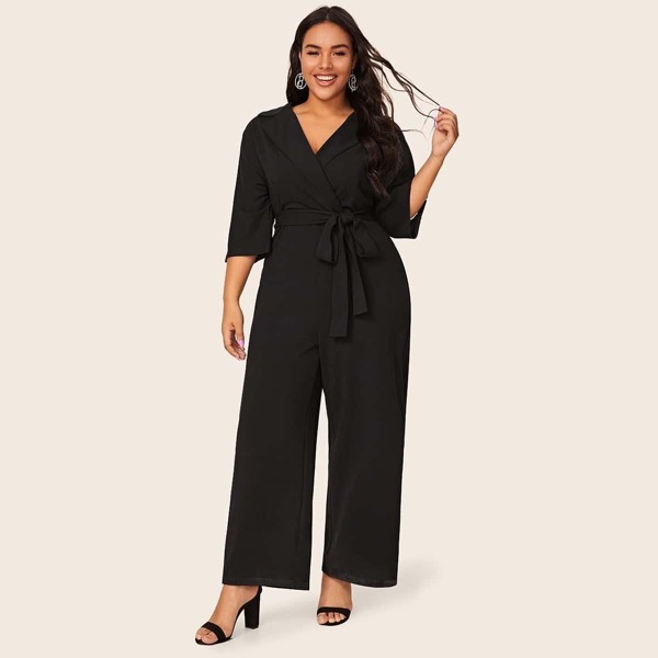 

Plus Notch Collar Wrap Belted Palazzo Jumpsuit, Black