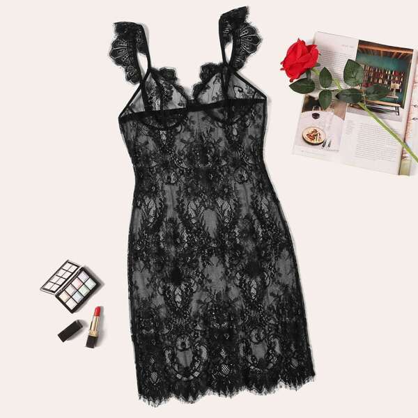 

Plus Sheer Lace Bustier Nightdress, Black