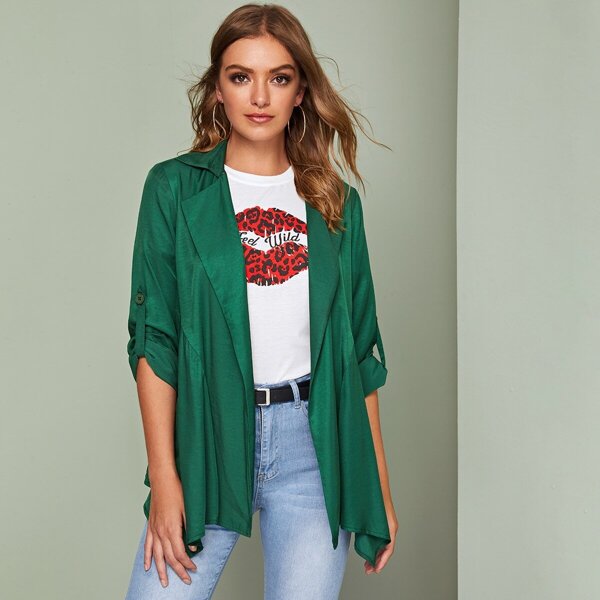 

Notch Collar Roll Tab Sleeve Coat, Green