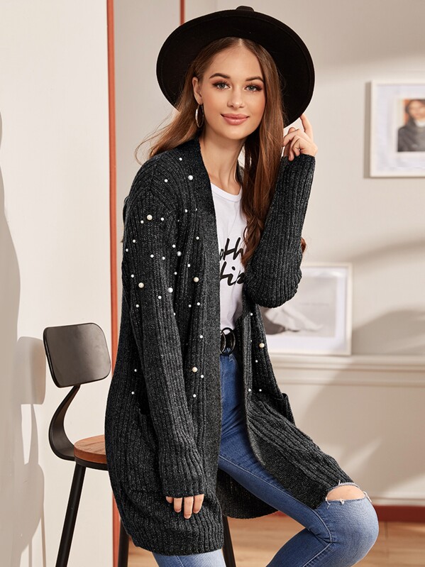 

Pocket Side Pearls Beaded Cardigan, Grey, Sonya