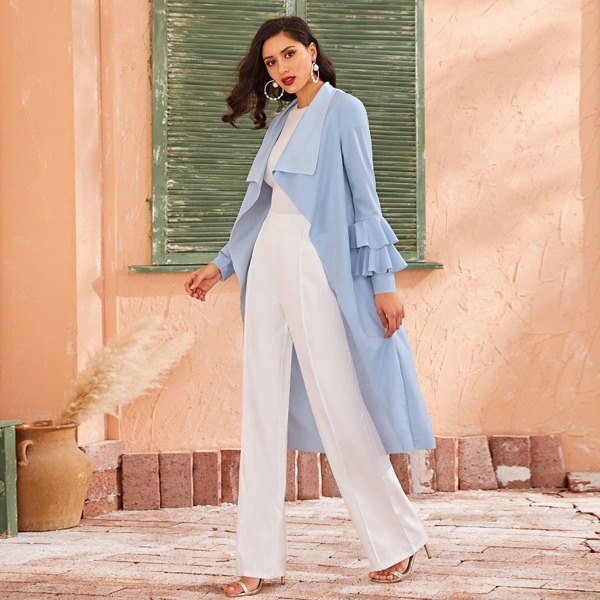 

Open Front Ruffle Trim Sleeve Waterfall Coat, Blue pastel