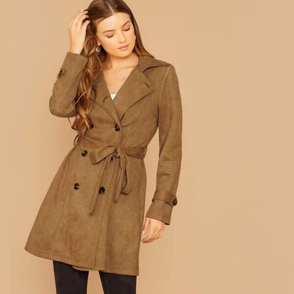 

Double Breasted Belted Suede Coat, Brown